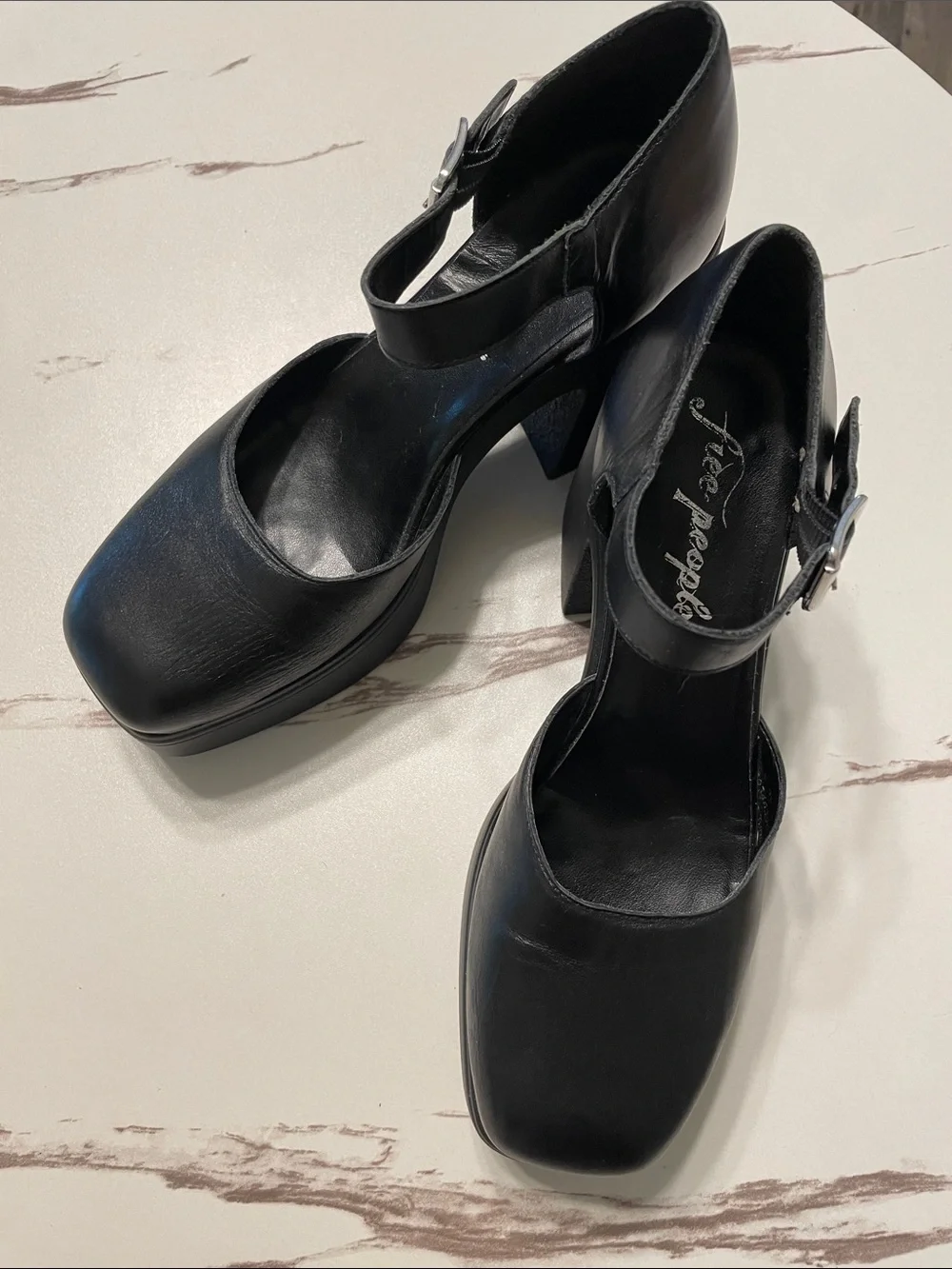 FREE PEOPLE Black Platform Mary Jane Heels with Ankle Strap very soft Leather 10